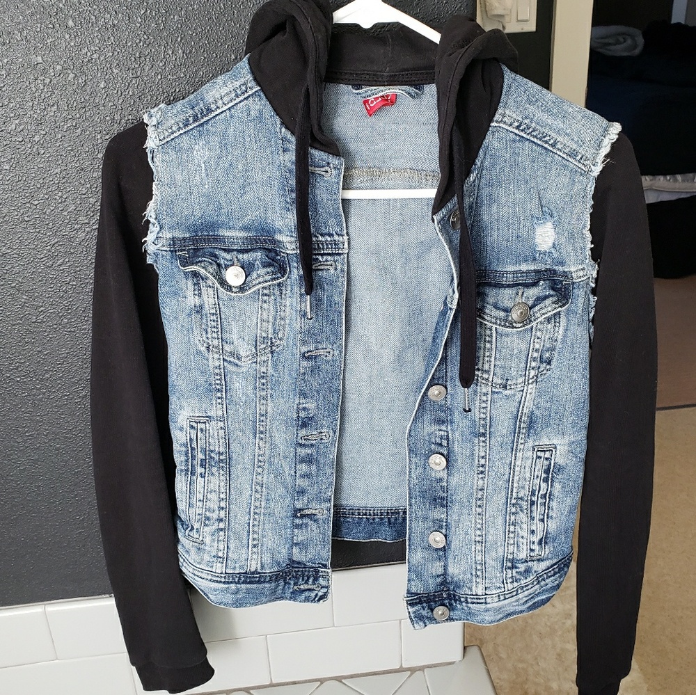 H&M destructed denim jacket/hoodie combo